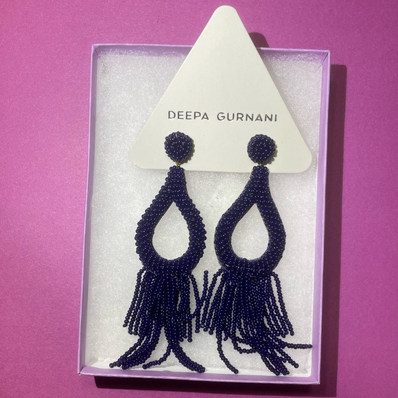 NWT Deepa Gurnani Anthropologie Beaded Fringe Chandelier Earrings Navy Blue - Picture 7 of 7